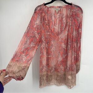 Lucky Brand Womens XL Sheer Pink Floral Blouse Top Shirt Whimsical Paisley Cute